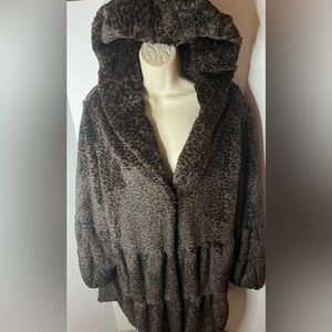 Faux Fur Hooded Leopard Print Coat - Brown